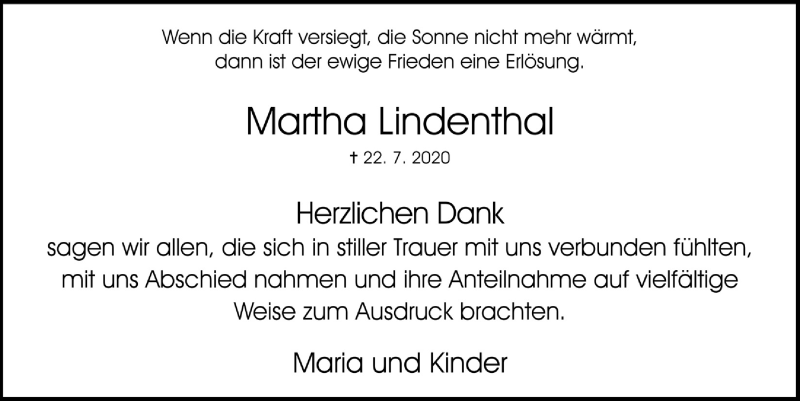  Traueranzeige für Martha Lindenthal vom 04.09.2020 aus  Schaufenster/Blickpunkt 
