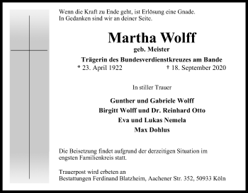 Anzeige von Martha Wolff von Kölner Stadt-Anzeiger / Kölnische Rundschau / Express