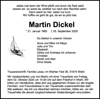 Anzeige von Martin Dickel von Kölner Stadt-Anzeiger / Kölnische Rundschau / Express