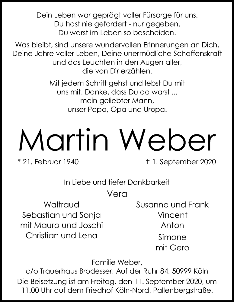  Traueranzeige für Martin Weber vom 05.09.2020 aus Kölner Stadt-Anzeiger / Kölnische Rundschau / Express