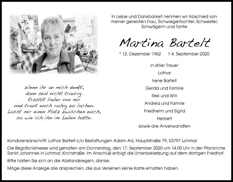  Traueranzeige für Martina Bartelt vom 12.09.2020 aus Kölner Stadt-Anzeiger / Kölnische Rundschau / Express
