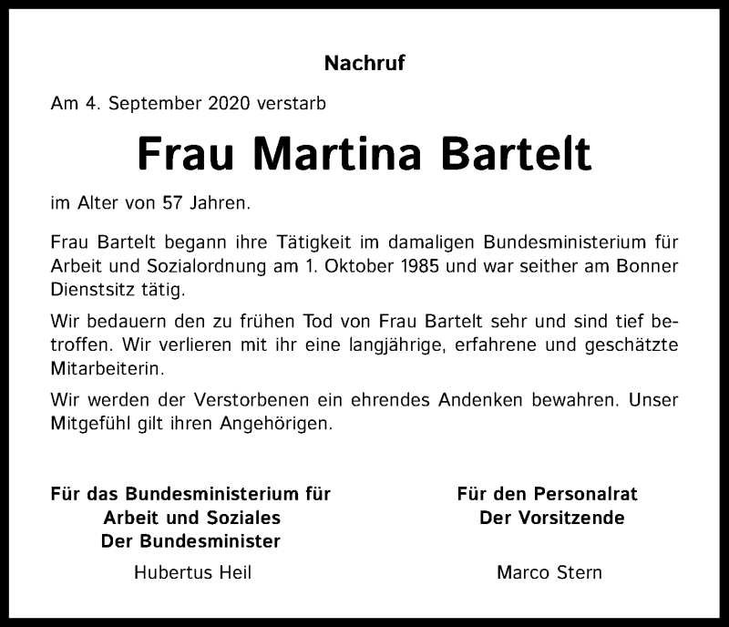  Traueranzeige für Martina Bartelt vom 12.09.2020 aus Kölner Stadt-Anzeiger / Kölnische Rundschau / Express