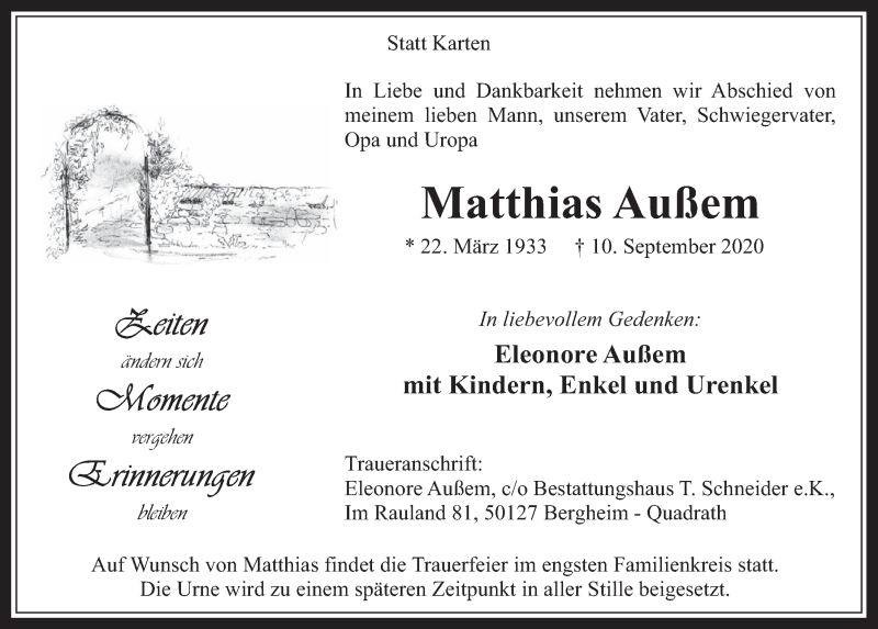 Traueranzeige für Matthias Außem vom 18.09.2020 aus  Werbepost 