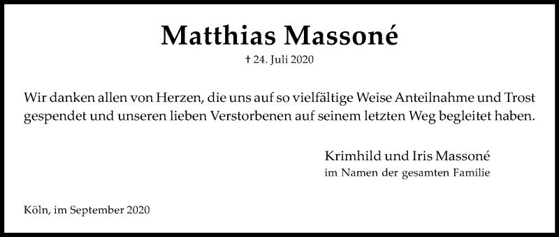  Traueranzeige für Matthias Massoné vom 26.09.2020 aus Kölner Stadt-Anzeiger / Kölnische Rundschau / Express