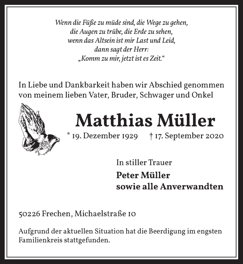  Traueranzeige für Matthias Müller vom 25.09.2020 aus  Wochenende 