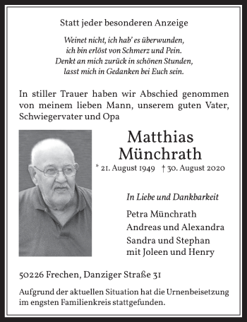 Anzeige von Matthias Münchrath von  Wochenende 