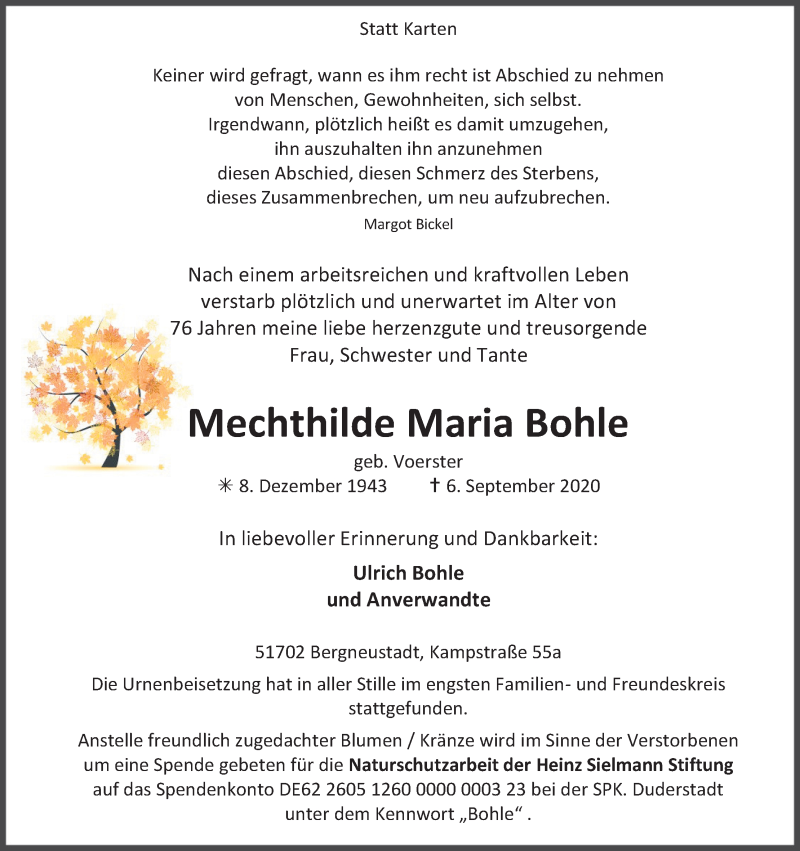 Traueranzeige für Mechthilde Maria Bohle vom 19.09.2020 aus Kölner Stadt-Anzeiger / Kölnische Rundschau / Express