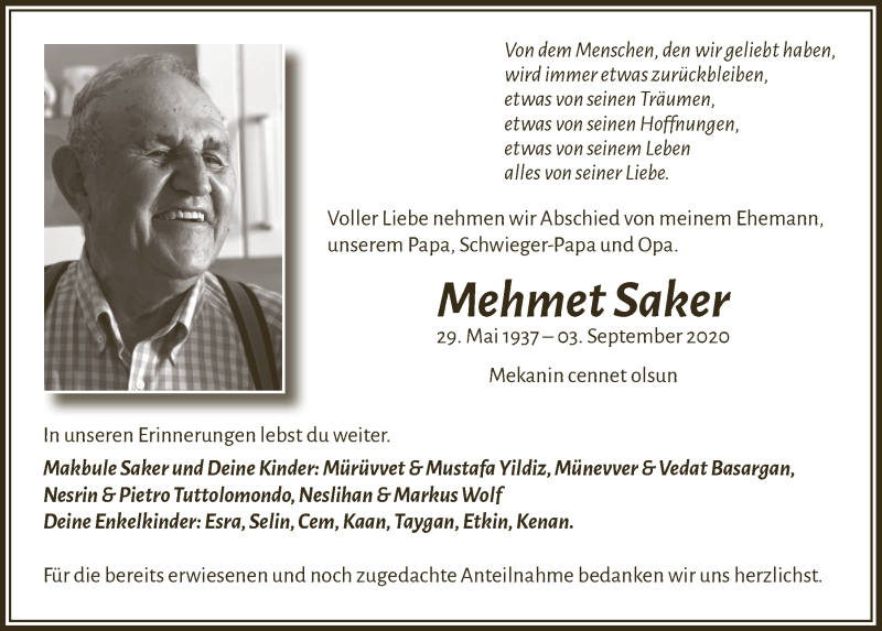  Traueranzeige für Mehmet Saker vom 25.09.2020 aus  Anzeigen Echo 