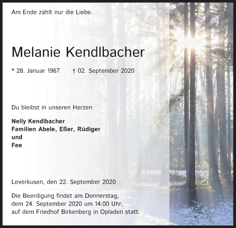  Traueranzeige für Melanie Kendlbacher vom 24.09.2020 aus Kölner Stadt-Anzeiger / Kölnische Rundschau / Express