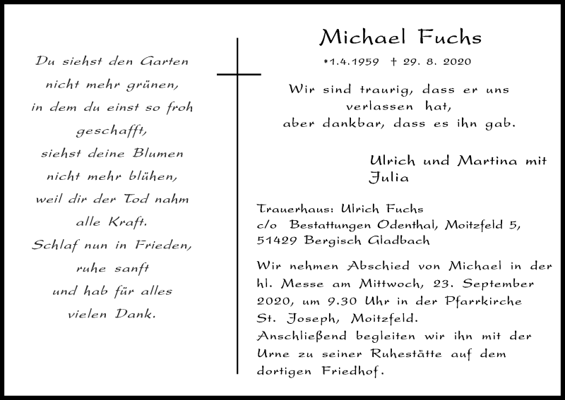  Traueranzeige für Michael Fuchs vom 16.09.2020 aus Kölner Stadt-Anzeiger / Kölnische Rundschau / Express