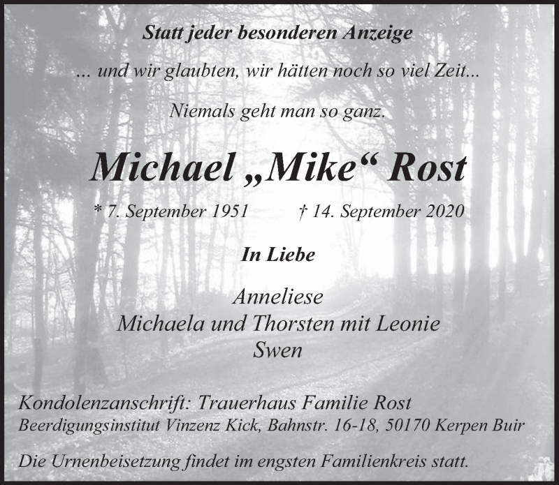  Traueranzeige für Michael Rost vom 01.10.2020 aus  Werbepost 