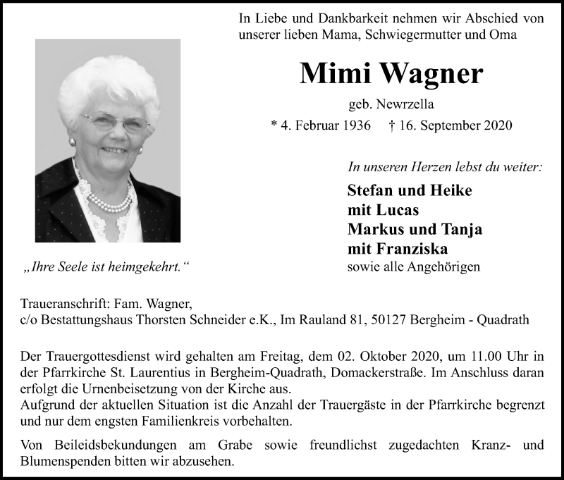 Traueranzeige für Mimi Wagner vom 26.09.2020 aus Kölner Stadt-Anzeiger / Kölnische Rundschau / Express