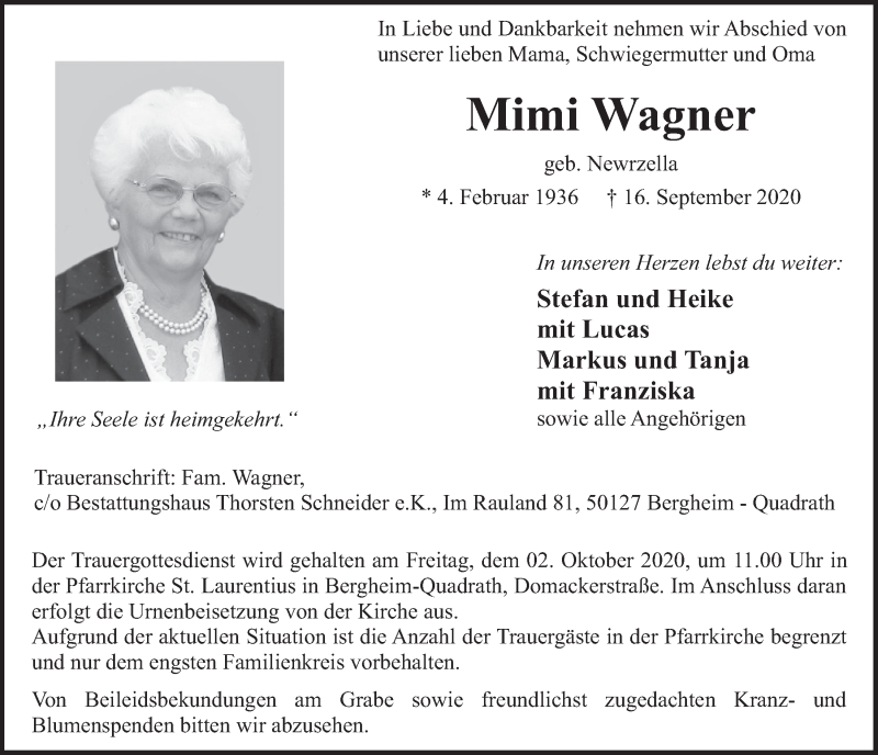  Traueranzeige für Mimi Wagner vom 25.09.2020 aus  Werbepost 