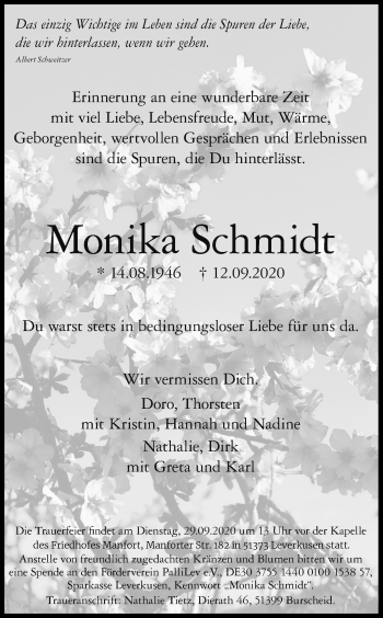Anzeige von Monika Schmidt von Kölner Stadt-Anzeiger / Kölnische Rundschau / Express