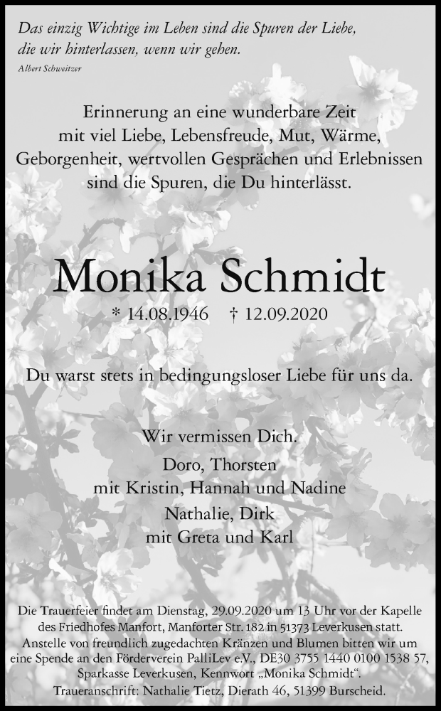  Traueranzeige für Monika Schmidt vom 19.09.2020 aus Kölner Stadt-Anzeiger / Kölnische Rundschau / Express