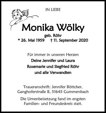 Anzeige von Monika Wölky von Kölner Stadt-Anzeiger / Kölnische Rundschau / Express