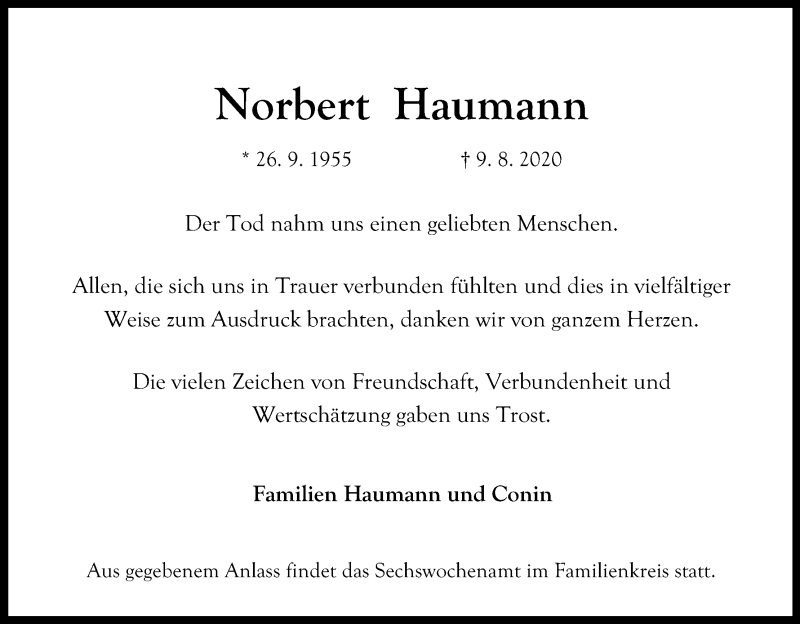  Traueranzeige für Norbert Haumann vom 26.09.2020 aus Kölner Stadt-Anzeiger / Kölnische Rundschau / Express