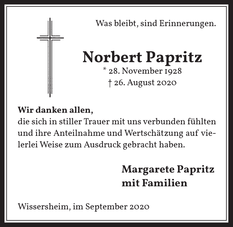  Traueranzeige für Norbert Papritz vom 25.09.2020 aus  Werbepost 