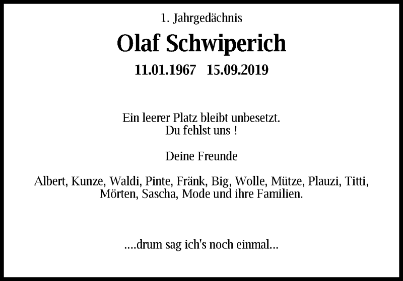  Traueranzeige für Olaf Schwiperich vom 19.09.2020 aus Kölner Stadt-Anzeiger / Kölnische Rundschau / Express