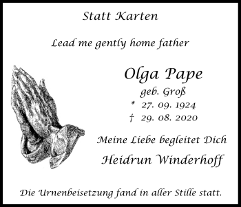 Anzeige von Olga Pape von Kölner Stadt-Anzeiger / Kölnische Rundschau / Express