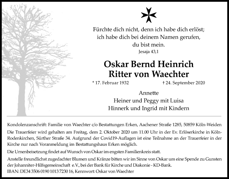  Traueranzeige für Oskar Bernd Heinrich vom 30.09.2020 aus Kölner Stadt-Anzeiger / Kölnische Rundschau / Express