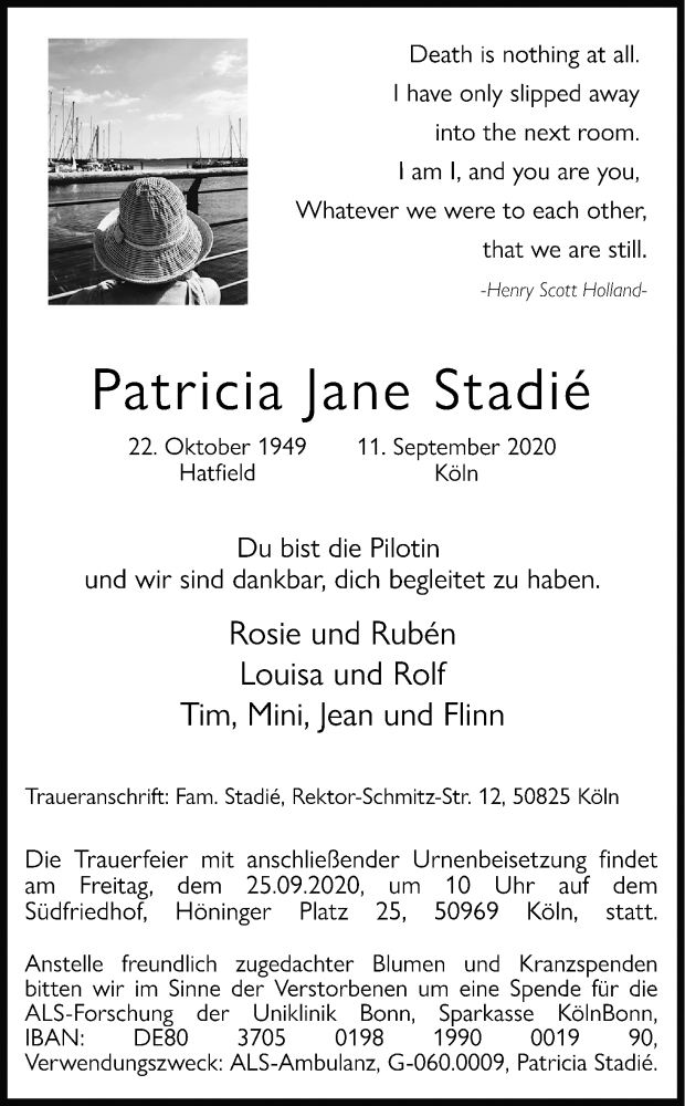  Traueranzeige für Patricia Jane Stadié vom 19.09.2020 aus Kölner Stadt-Anzeiger / Kölnische Rundschau / Express