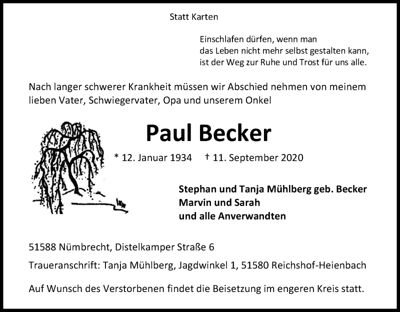  Traueranzeige für Paul Becker vom 14.09.2020 aus Kölner Stadt-Anzeiger / Kölnische Rundschau / Express