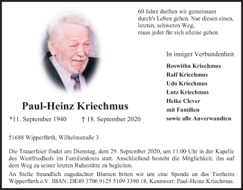 Anzeige von Paul-Heinz Kriechmus von Kölner Stadt-Anzeiger / Kölnische Rundschau / Express