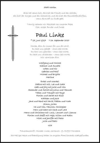 Anzeige von Paul Linke von  Lokalanzeiger 