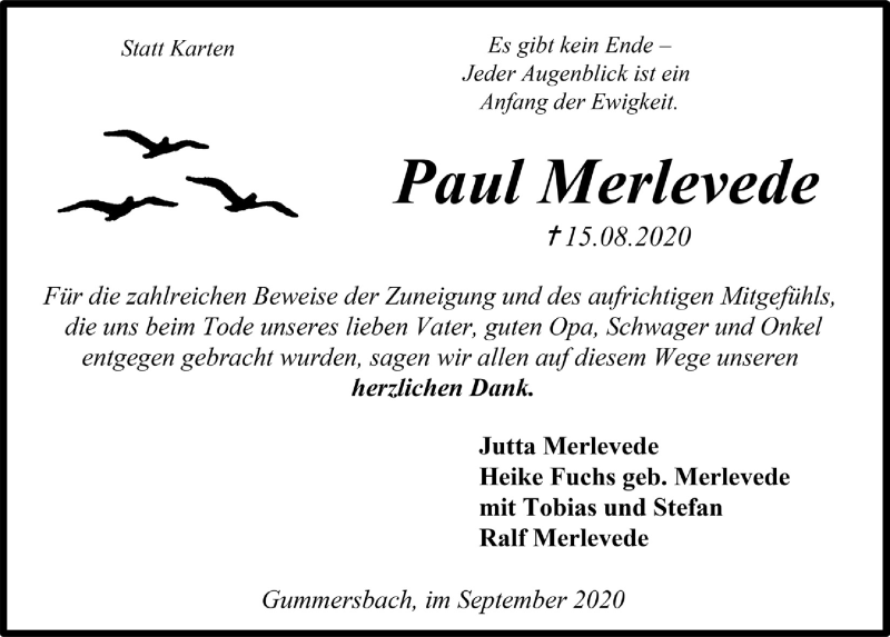  Traueranzeige für Paul Merlevede vom 25.09.2020 aus  Anzeigen Echo 