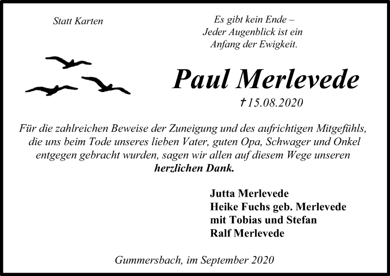  Traueranzeige für Paul Merlevede vom 26.09.2020 aus Kölner Stadt-Anzeiger / Kölnische Rundschau / Express