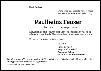 Anzeige von Paulheinz Feuser von Kölner Stadt-Anzeiger / Kölnische Rundschau / Express