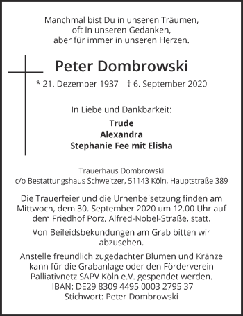 Anzeige von Peter Dombrowski von  Kölner Wochenspiegel 