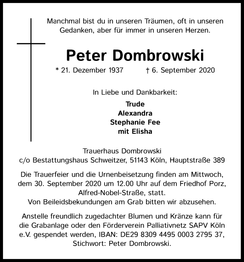  Traueranzeige für Peter Dombrowski vom 19.09.2020 aus Kölner Stadt-Anzeiger / Kölnische Rundschau / Express