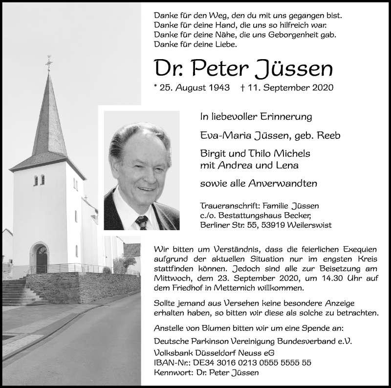  Traueranzeige für Peter Jüssen vom 19.09.2020 aus Kölner Stadt-Anzeiger / Kölnische Rundschau / Express