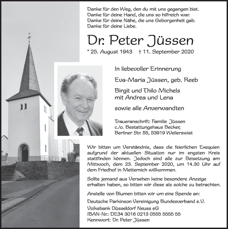  Traueranzeige für Peter Jüssen vom 19.09.2020 aus  Blickpunkt Euskirchen 