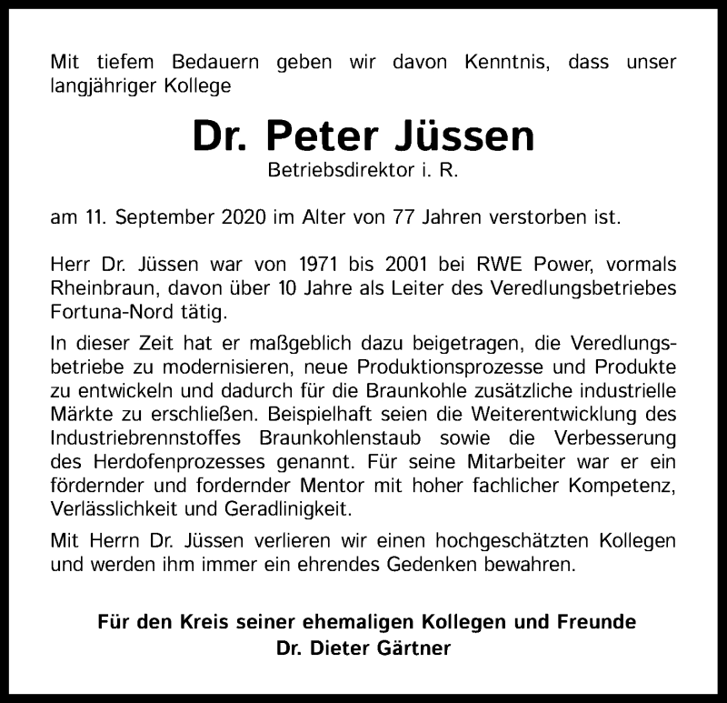  Traueranzeige für Peter Jüssen vom 19.09.2020 aus Kölner Stadt-Anzeiger / Kölnische Rundschau / Express