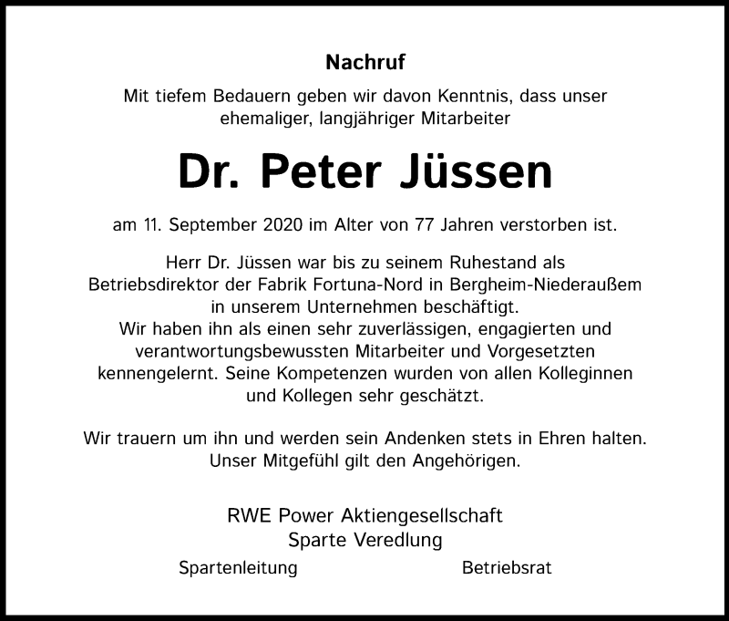  Traueranzeige für Peter Jüssen vom 23.09.2020 aus Kölner Stadt-Anzeiger / Kölnische Rundschau / Express
