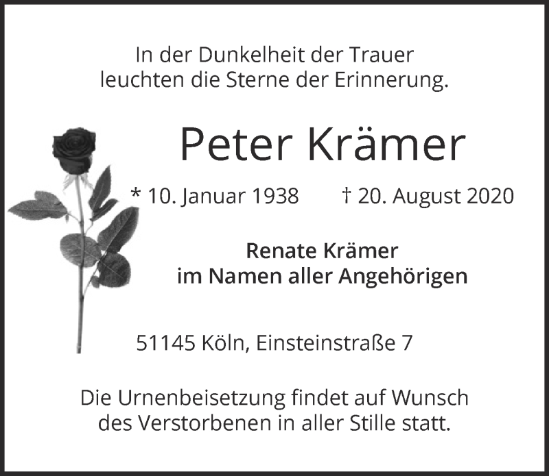  Traueranzeige für Peter Krämer vom 11.09.2020 aus  Kölner Wochenspiegel 