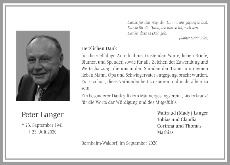  Traueranzeige für Peter Langer vom 04.09.2020 aus  Schaufenster/Blickpunkt 