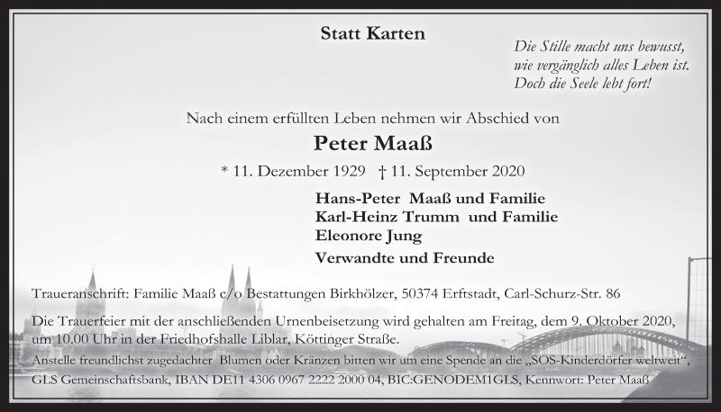  Traueranzeige für Peter Maaß vom 01.10.2020 aus  Werbepost 