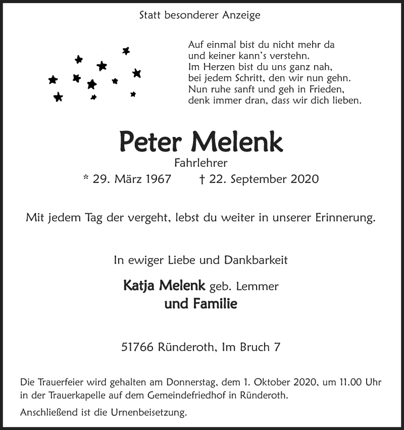  Traueranzeige für Peter Melenk vom 26.09.2020 aus Kölner Stadt-Anzeiger / Kölnische Rundschau / Express