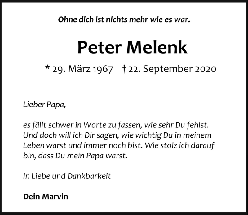  Traueranzeige für Peter Melenk vom 01.10.2020 aus  Anzeigen Echo 