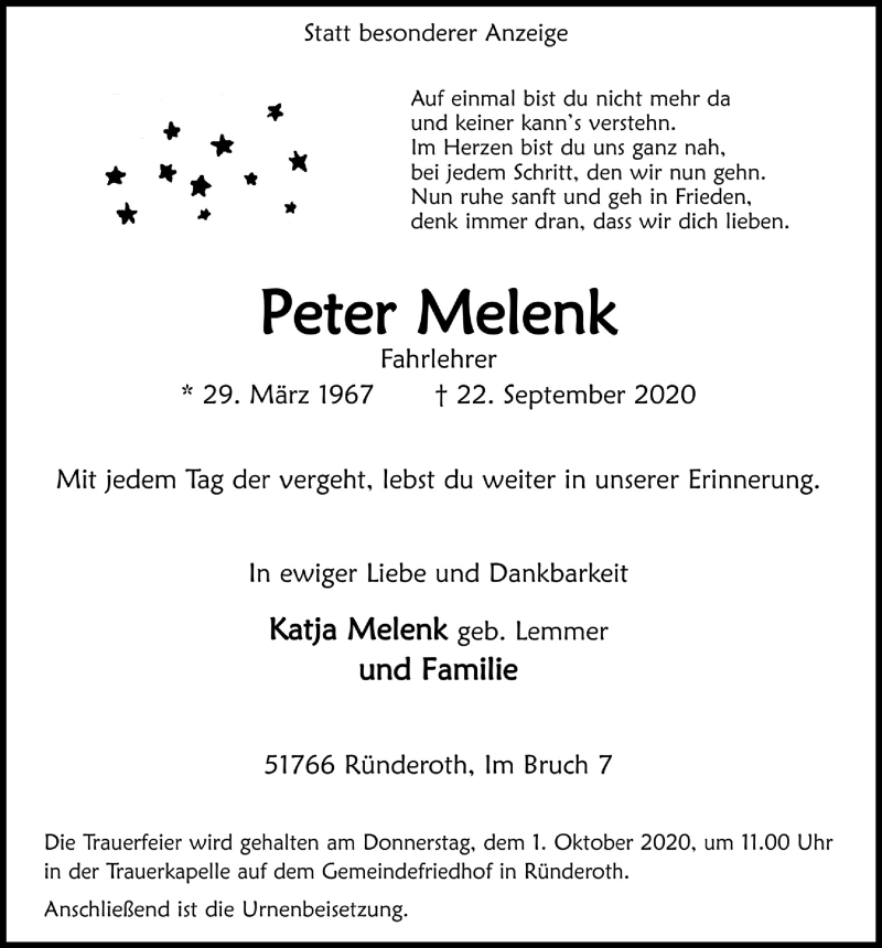  Traueranzeige für Peter Melenk vom 25.09.2020 aus  Anzeigen Echo 