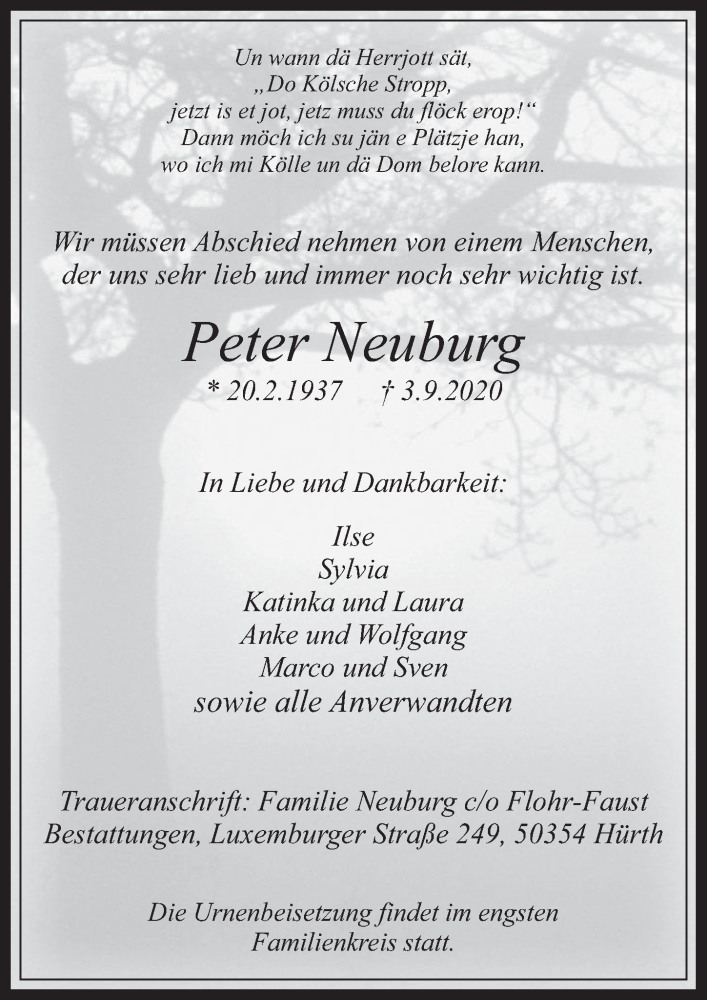  Traueranzeige für Peter Neuburg vom 11.09.2020 aus  Wochenende 