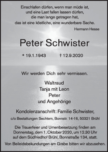 Anzeige von Peter Schwister von  Schlossbote/Werbekurier 