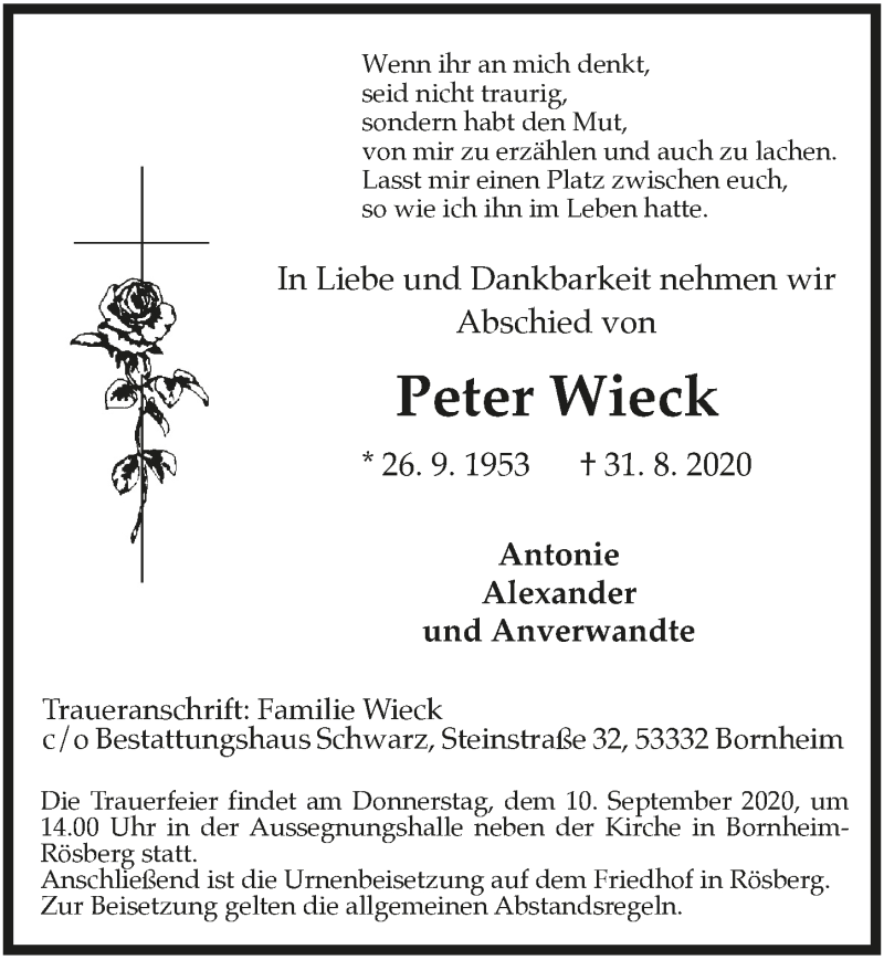  Traueranzeige für Peter Wieck vom 04.09.2020 aus  Schaufenster/Blickpunkt 