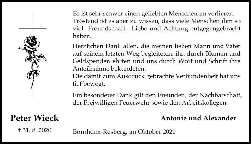  Traueranzeige für Peter Wieck vom 01.10.2020 aus  Schaufenster/Blickpunkt 