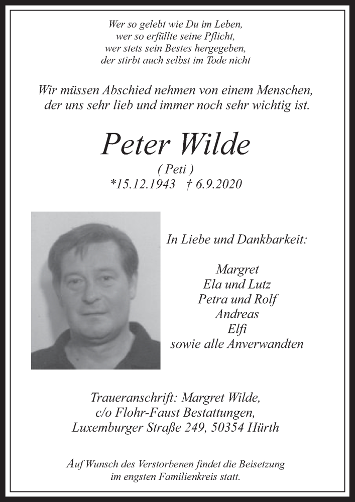  Traueranzeige für Peter Wilde vom 18.09.2020 aus  Kölner Wochenspiegel 