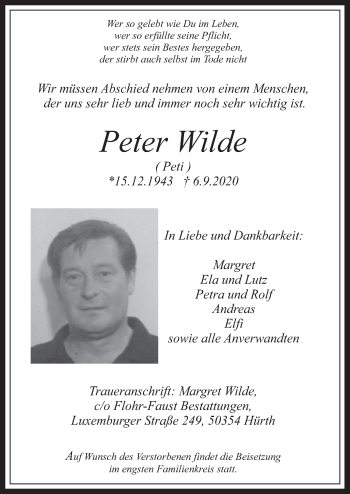 Anzeige von Peter Wilde von  Kölner Wochenspiegel 